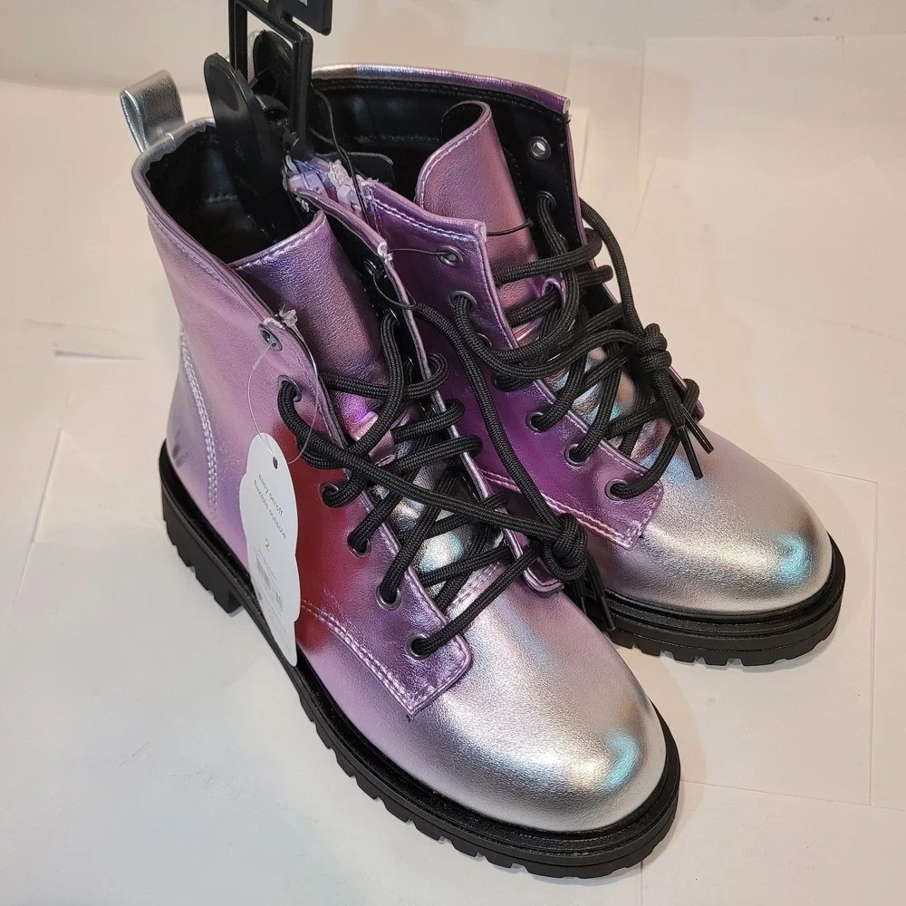Wonder Nation Kids Unisex Combat Boots Iridescent Purple Silver Size 2 New‎